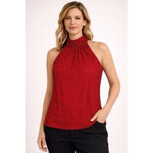 Marina by Marina Bresler Red Beaded Silk Sleeveless Blouse Women L Mock Neck